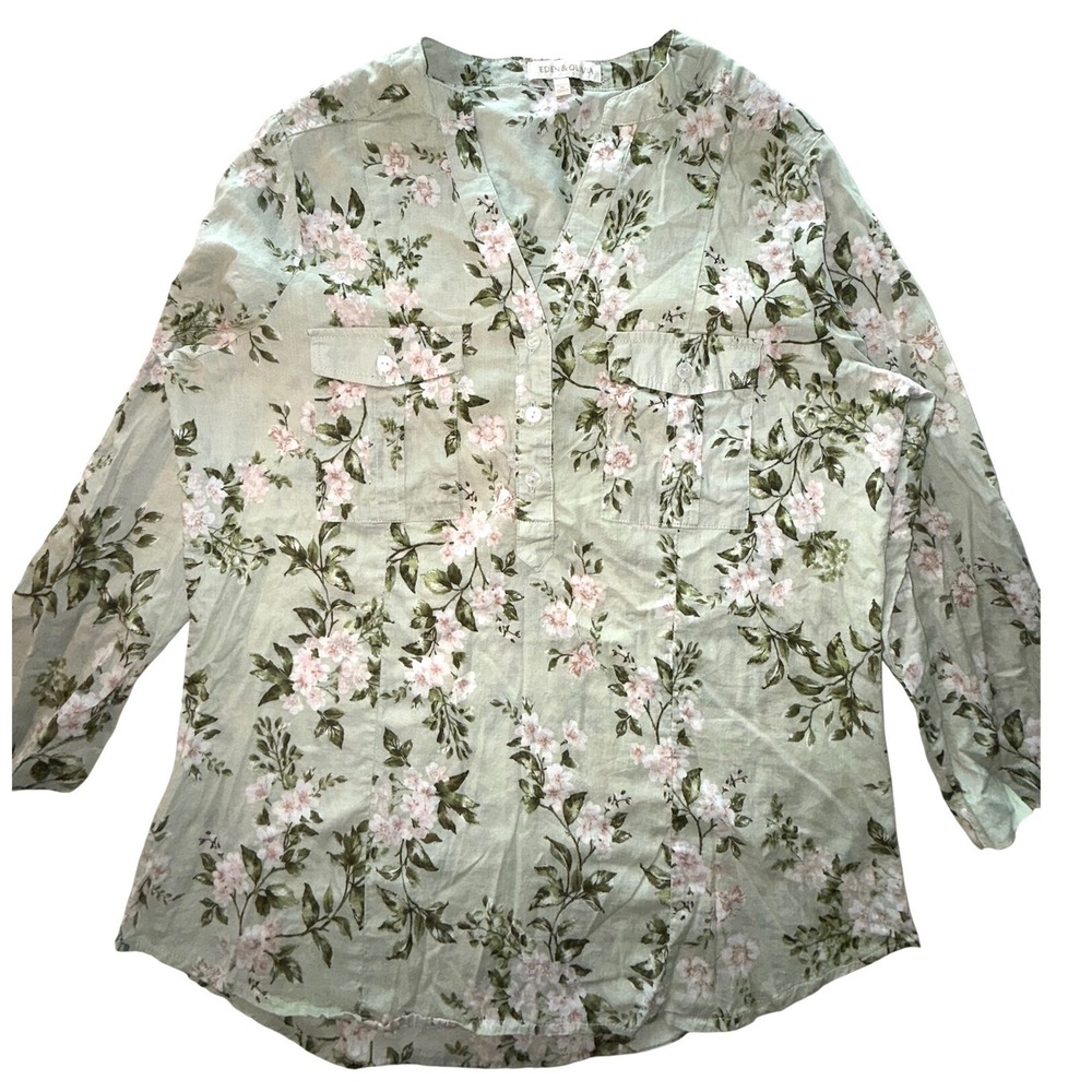 Eden & Olivia Women Sage Green Floral Cotton Roll Tab Sleeve Tunic Top Large